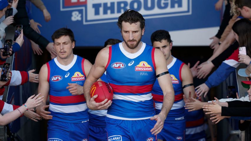 Marcus Bontempelli of the Bulldogs leads the team out during the round 24 AFL match between Western Bulldogs and Greater Western Sydney Giants.