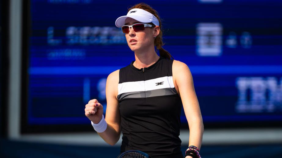 Maya Joint of Australia in action against Laura Siegemund of Germany in the first round on Day 1 of the US Open.